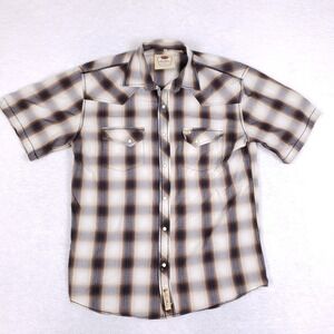 Larry Mahan Western Shirt XL Short Sleeve Pearl Snap Plaid Cowboy Ombre Brown